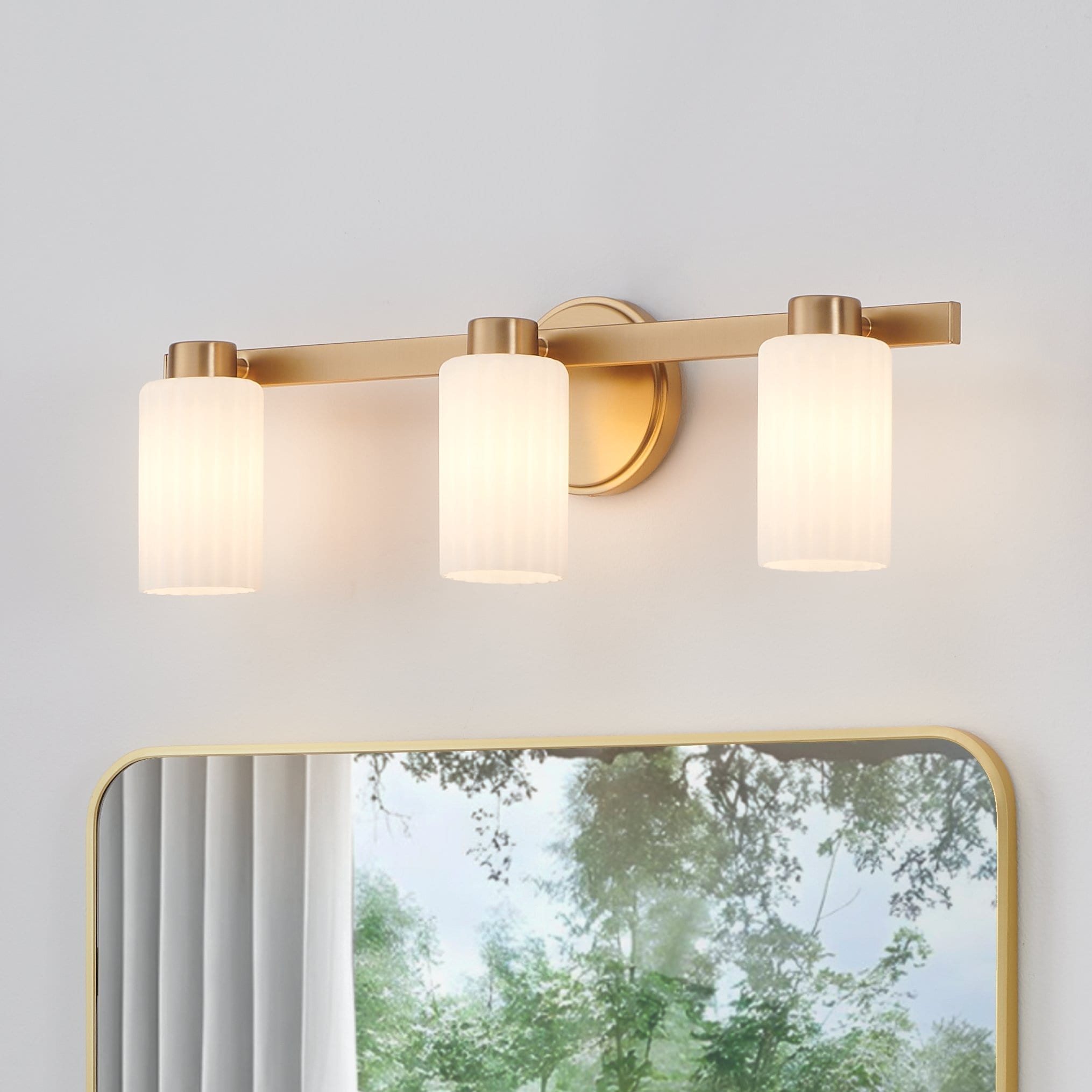 Thesis Bedminster 24-inch 3-light Champagne Gold Vanity Light with Etched Opal Ribbed Glass Shades