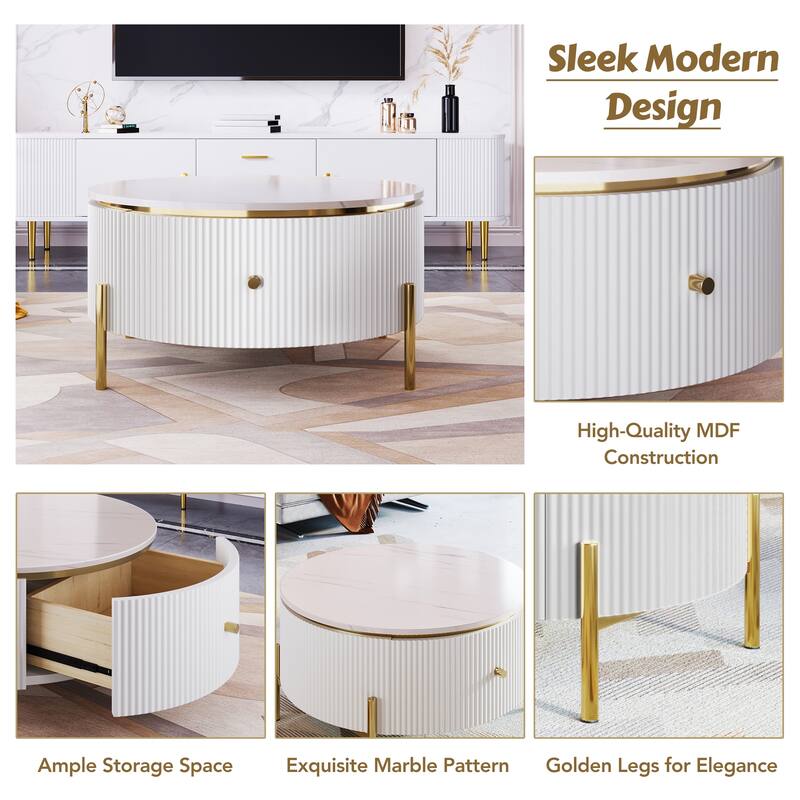 Roomfitters Modern Round Coffee Table with Storage, Gold Metal Legs, White Marble Top, 2 Hidden Compartments 31.5"
