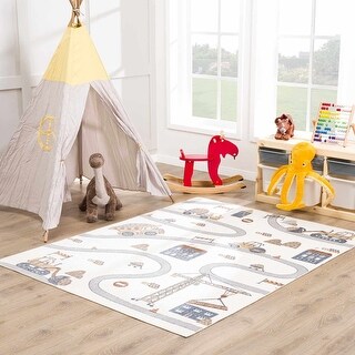 Hauteloom Olwen Living Room, Bedroom Machine Washable Area Rug - Cream, Light Gray - 6'7" x 9'