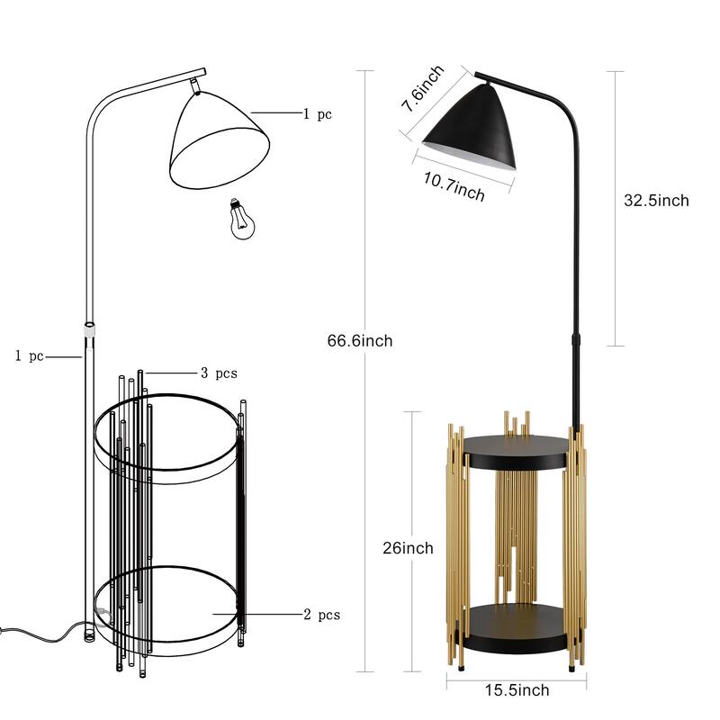 Industrial Tall Floor Lamp with Shelves and Metal Lampshade