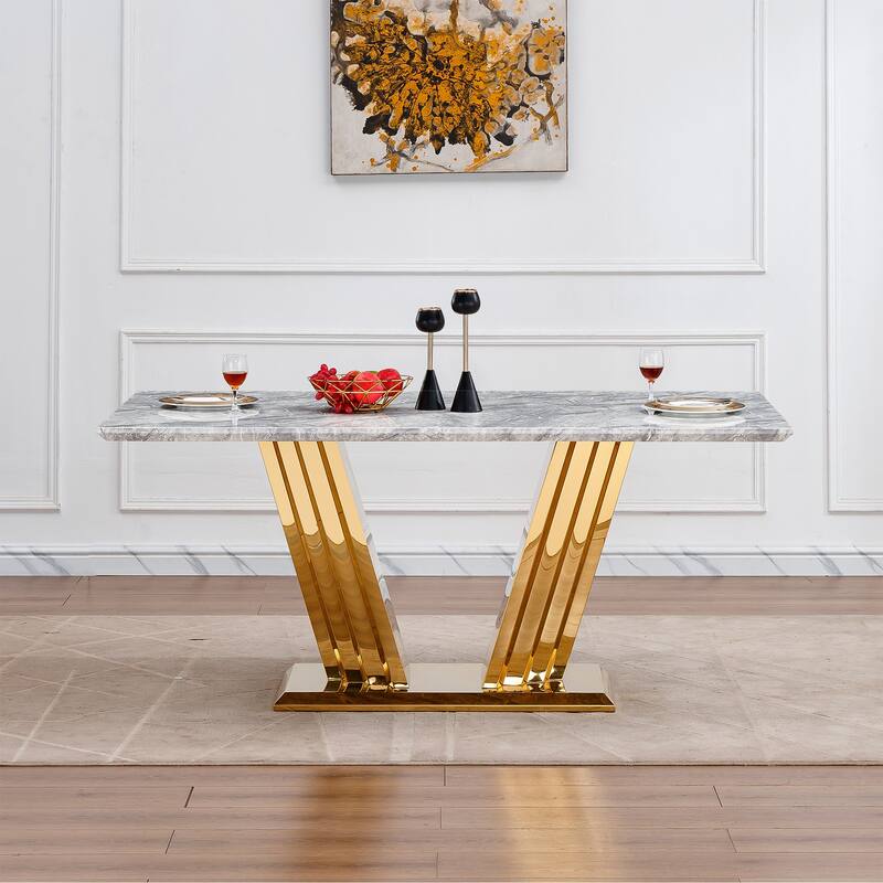 70'' Rectangle Faux Marble Dining Table with Mirrored Finish Stainless Steel Base - Grey+Gold