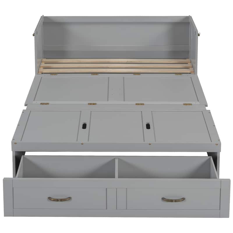 Space-Saving Full Murphy Bed with USB Charging Module, Sturdy Pine Wood Construction & Drawer Storage