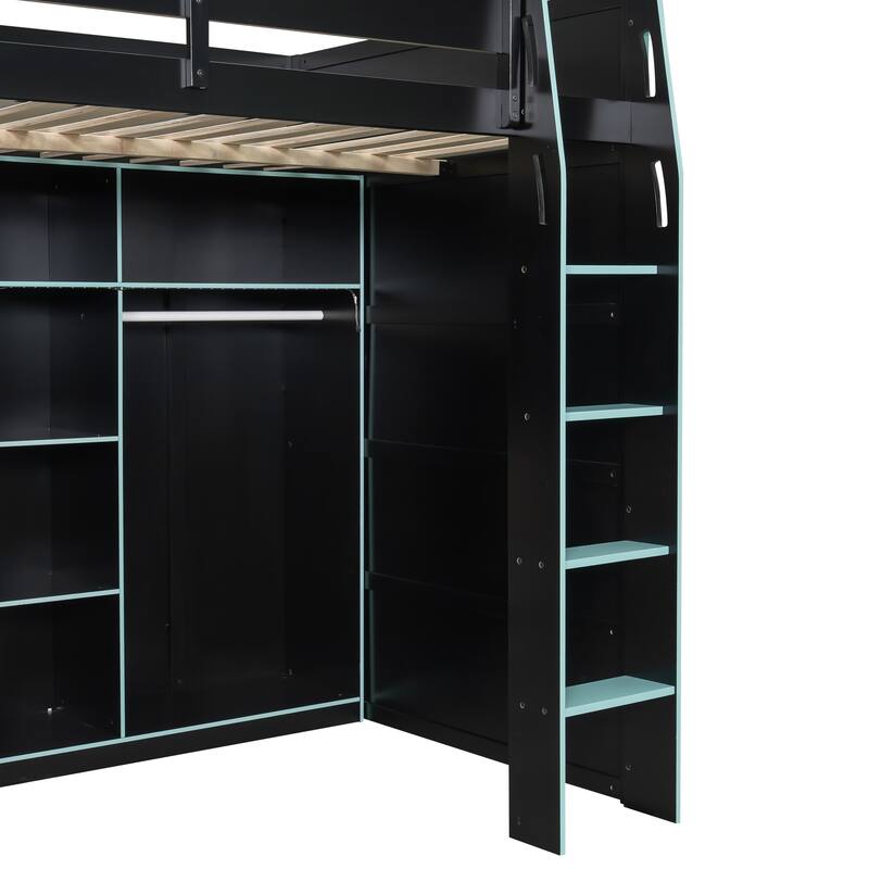 Full Size Loft Bed with Desk, RGB Lighting, Open Wardrobe, and Ample Storage