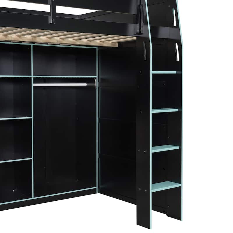 Full Size Wood Loft Bed with Desk,Open Wardrobe,Storage Compartments and RGB Lights