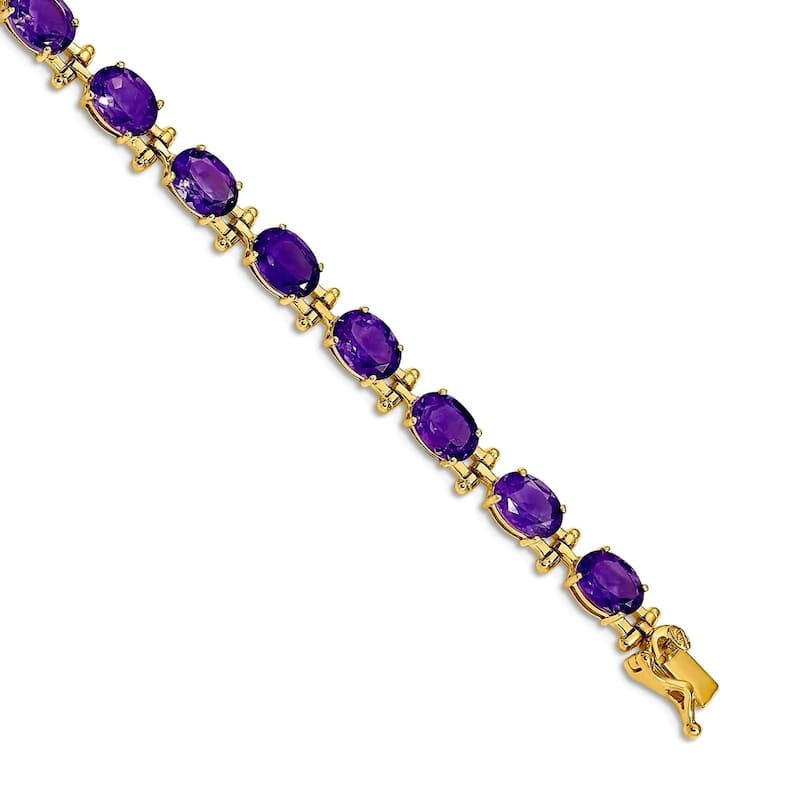Curata 14k Yellow or White Gold 7" 7x5mm Oval Genuine Gemstones Classic Bracelet - Amethyst - Yellow - Amethyst