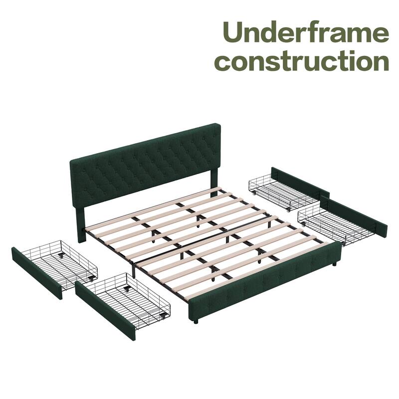 Linen Upholstered Headboard Bed Frame with Large Hidden Storage, 4 Underbed Drawers with Pulleys