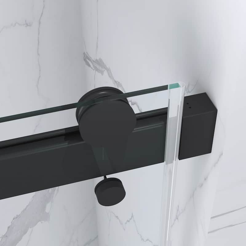 Double Sliding Door Soft-Closing System Frameless Corner Shower Enclosure in Matte Black 5/16 in.Tempered Glass