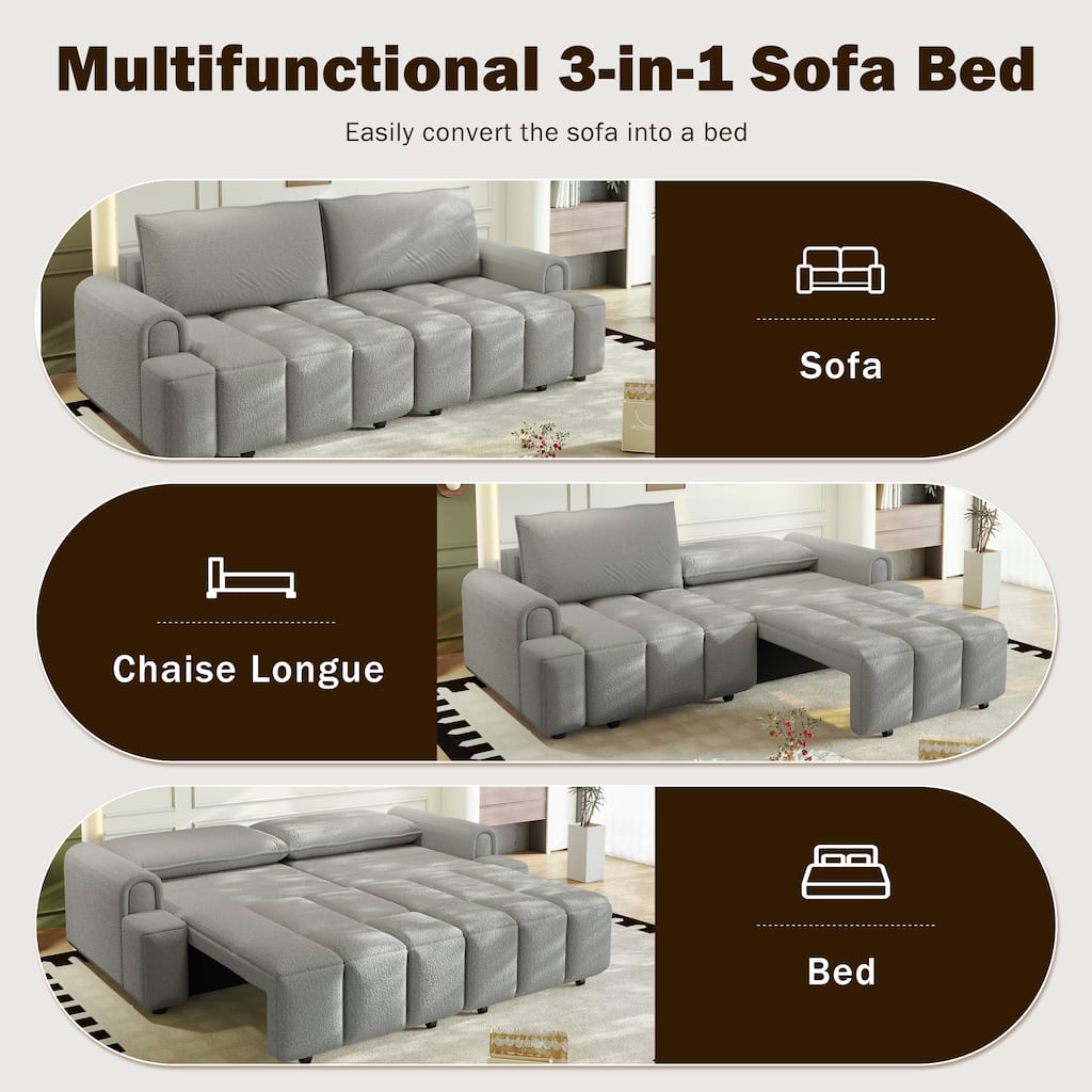 FurnitureR 90.2" Teddy Fabric Convertible Sleeper Sofa Bed with Storage, 4 Seat Couch, Light Grey