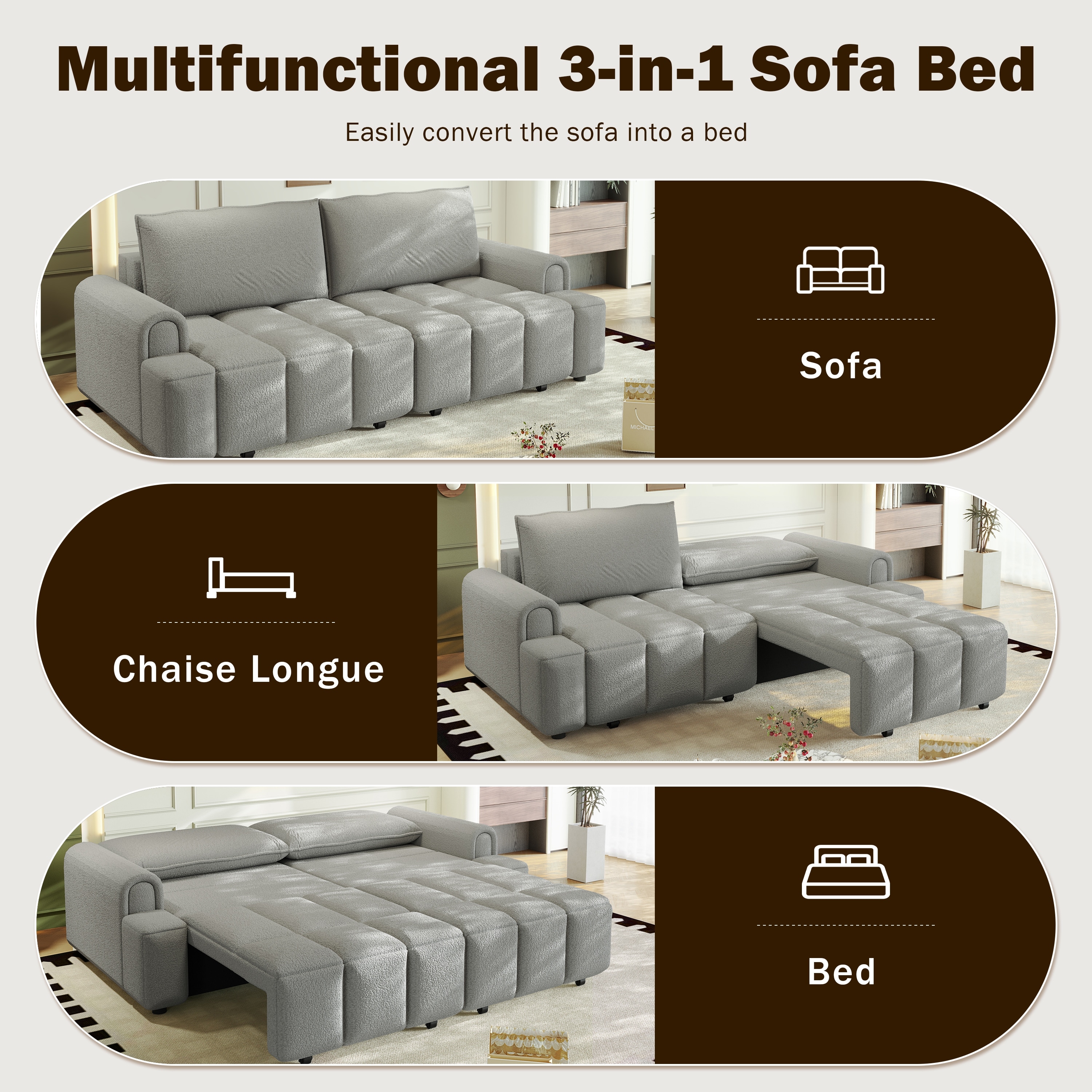 FurnitureR 90.2" Teddy Fabric Convertible Sleeper Sofa Bed with Storage, 4 Seat Couch, Light Grey