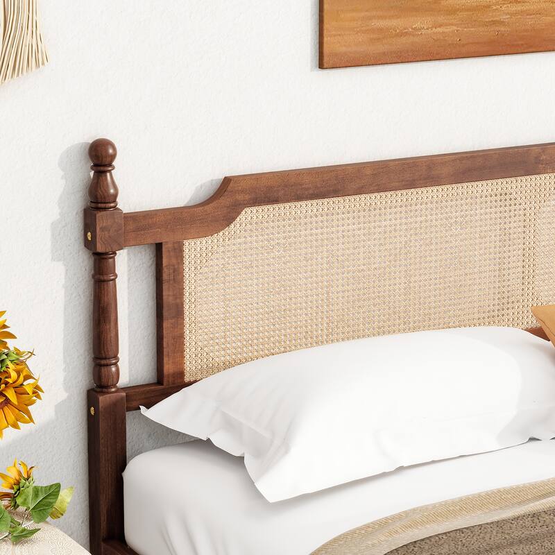 King Pine wooden Bed with Rattan Headboard and Footboard, with Central Enhanced Bed Platform,Walnut