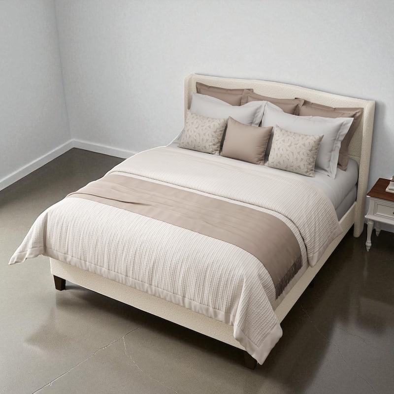 Twin/Queen/King Platform Bed, 49.21 in Upholstered Headboard, Teddy Velvet, 12-Slat Support, Solid Wood Legs, White - White - King