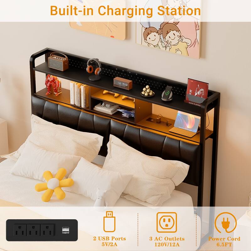 Upholstered Headboard with Pegboard and Charging Station, Storage Headboard Shelves and LED Light
