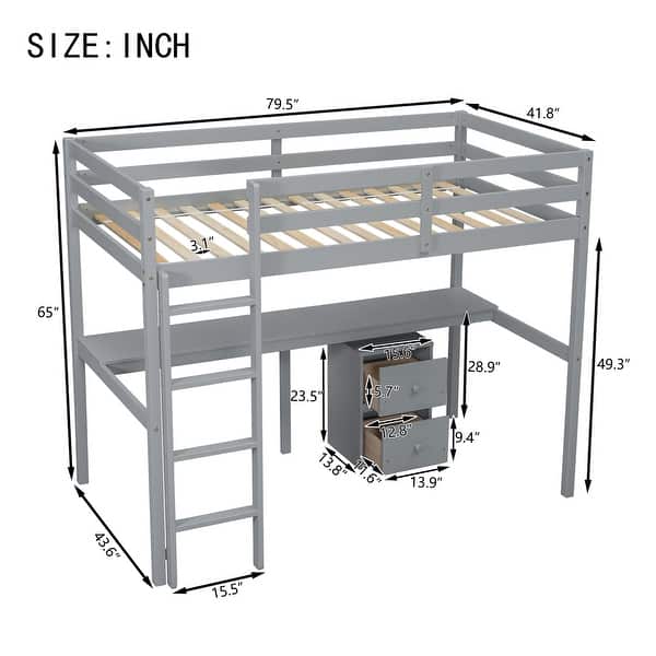 Grey Twin Size Wood Loft Wood Bed with Under-bed, Built-in Desk, a Storage Cabinet of 2 Drawers, Guardrails and Ladder