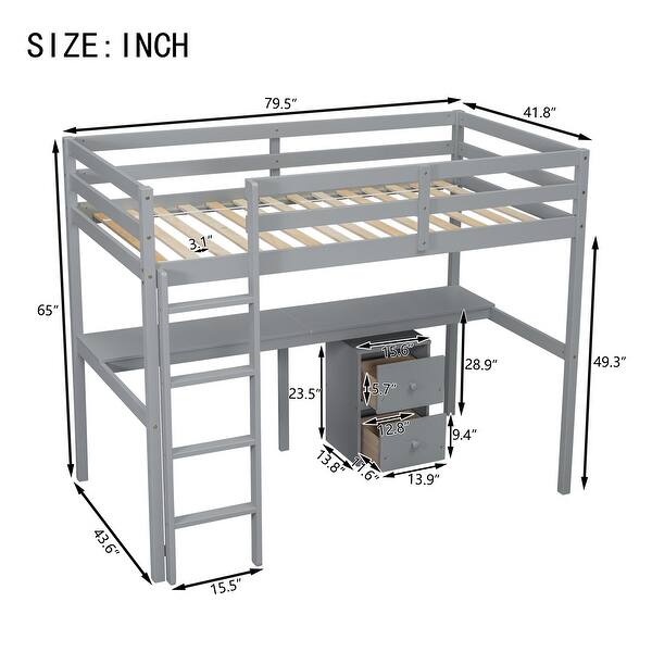 dimension image slide 0 of 2, Twin Size Wood Loft Wood Bed with Under-bed, Built-in Desk, a Storage Cabinet of 2 Drawers, Guardrails and Ladder