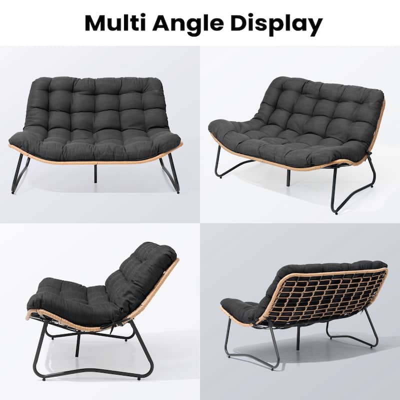 All-Weather PE Rattan Double Papasan Chair Loveseat with Soft Cushion for Indoor Outdoor