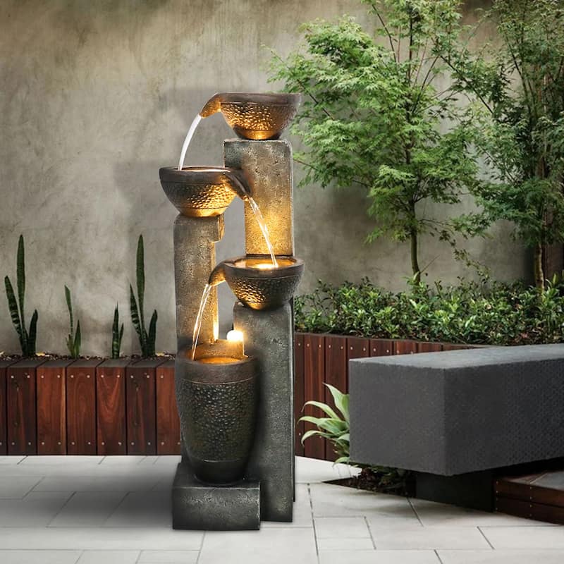 40'' H Outdoor Water Fountain with Lights, 4-Tier Resin Fountain