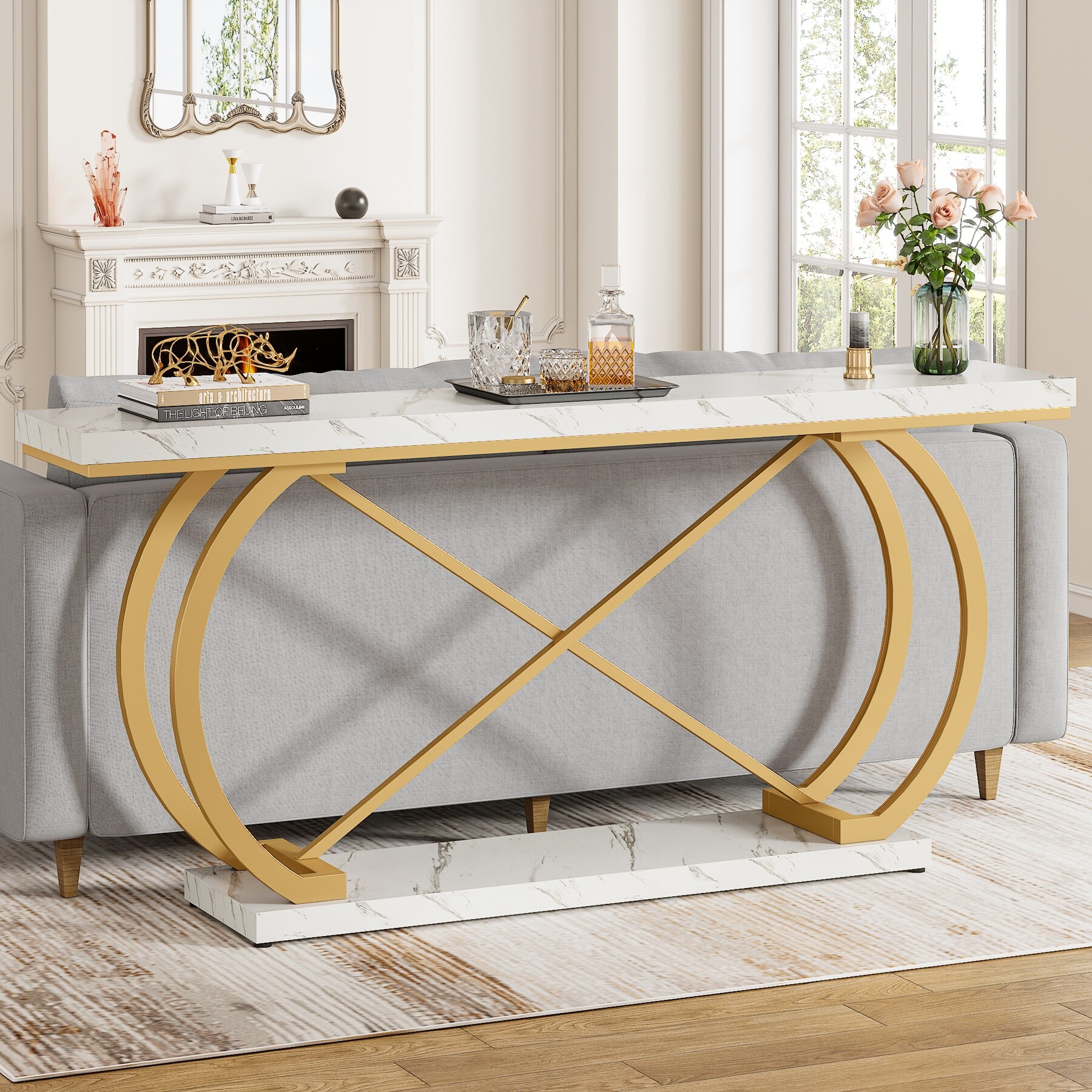 70.9 Inche Mid-Century Modern Faux Marble Console Sofa Table for Entryway,Hallway Accent Table with Half-Moon Legs - White/Gold
