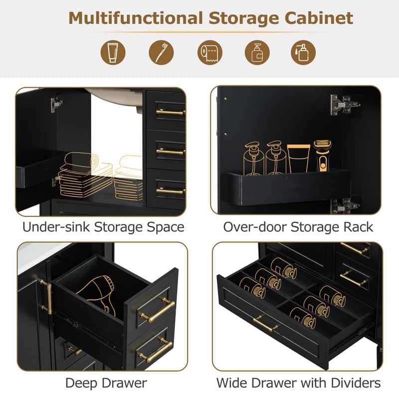30-Inch Green Bathroom Vanity Set – Freestanding Design with Three Drawers, Soft-Close Doors & Elegant Gold Metal Handles.