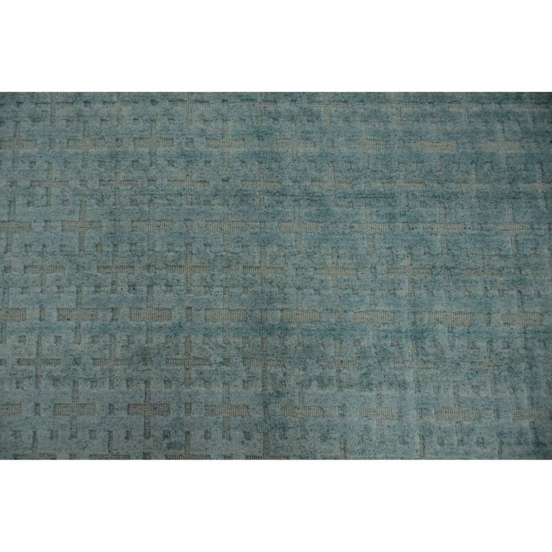 Hand Knotted Oriental Silk Carpet Modern Geometric Navy Blue & Blues Gabbeh Area Rug - 7' 4'' X 4' 11''
