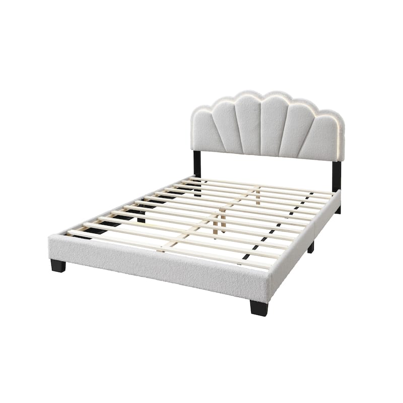 Queen Size Wool Upholstered Platform Bed with Floral Stitch Headboard and LED Lighting