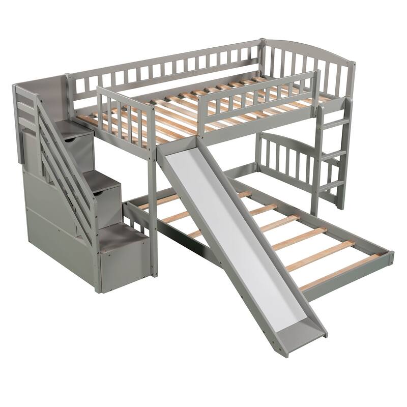 Twin Over Twin Bunk Bed with Stairway, 2 Drawers and Slide