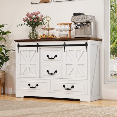 4-Drawer Dining Sideboard Buffet Cabinet With Sliding Barn Door