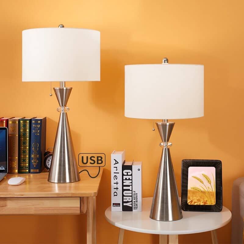 28.25" Nickel Table Lamp Set with USB (Set of 2)