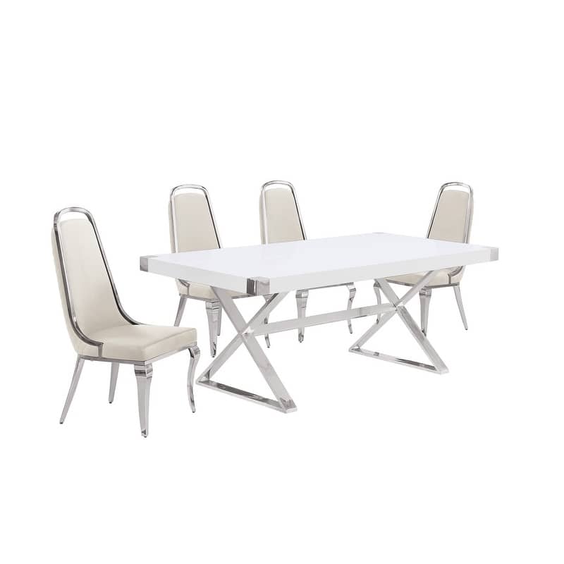 Best Quality Furniture D440/1-SC310-7 Dining Set with 78" White Lacquer Wood Top