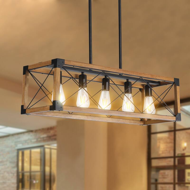 32" Industrial Farmhouse Rectangle Pendant Light, 5-Light Chandelier for Dining Room, Kitchen Island, Cafe Decor (No Bulbs)