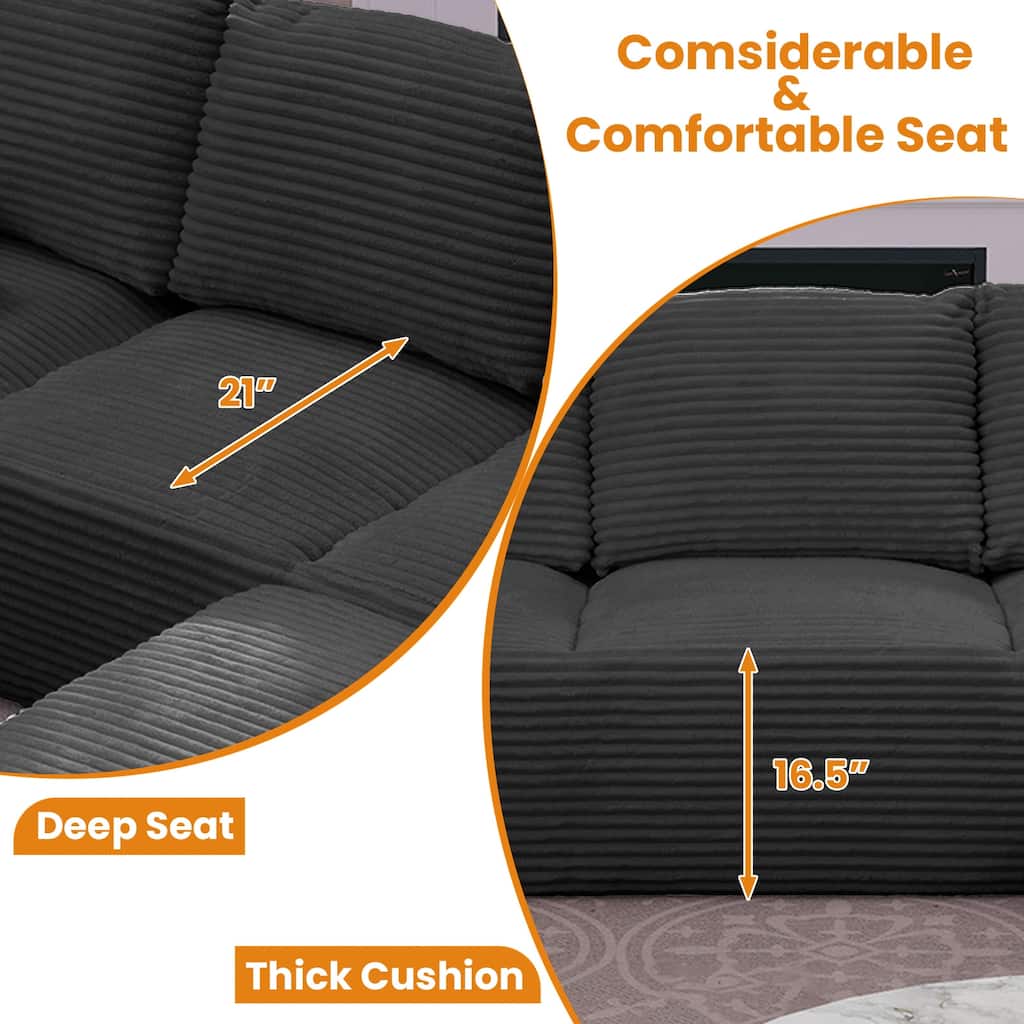 Modular Sectional Sofa with L-Shape Chaise Lounge, Oversized Corduroy Upholstered Cloud Sofa, Deep Seat Sofa with Pillow