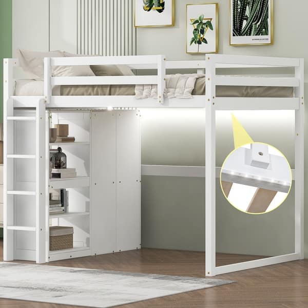 slide 2 of 16, White Full Size Wood Loft Bed with Built-in Wardrobe and Storage Shelves, Led light White