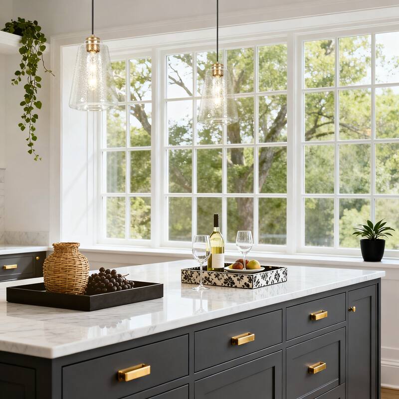 Modern Gold 1-Light Textured Clear Glass Pendant Light for Kitchen Island - D7.9"xH12.5"