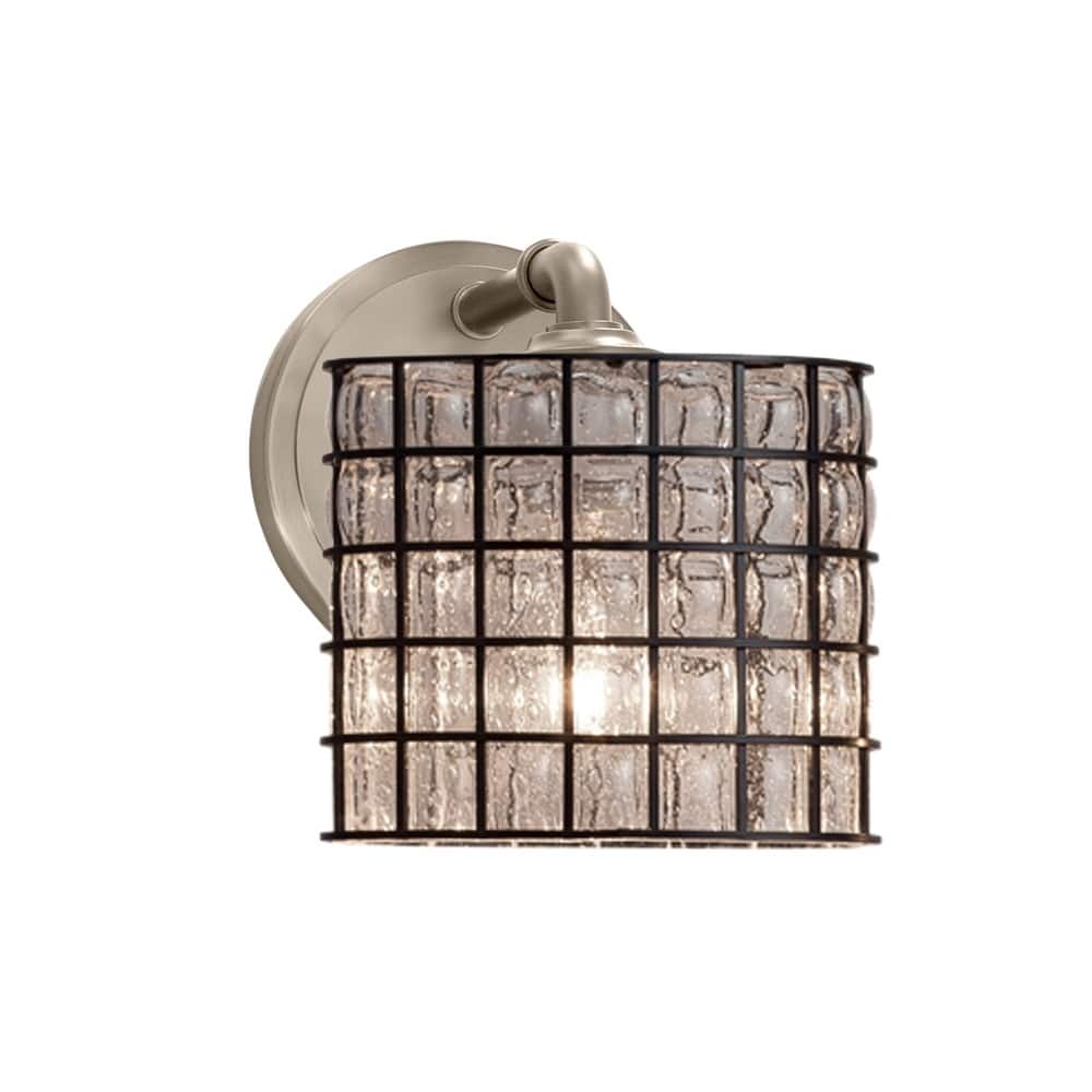 Wire Glass Bronx ADA 1-light Brushed Nickel Wall Sconce, Grid with Clear Bubbles Oval Shade
