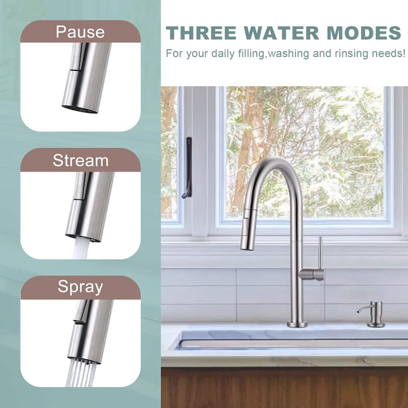 WOWOW Single Handle Pull Down Kitchen Faucet with Soap Dispenser
