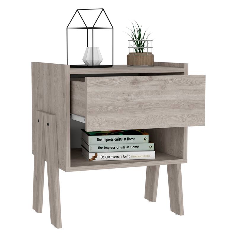 Modern Nightstand with Drawer and Open Shelf, Light Gray, Space-Saving Design