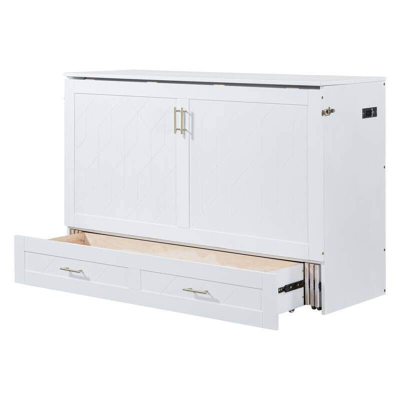 Full/Queen Size Murphy Wall Bed with Drawers, USB Ports, and Pulley Structure Design for Bedroom, Guest Rooms, Space-Saving