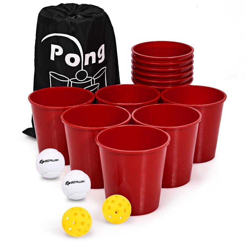 Outdoor Yard Pong Game Set with 12 Red Buckets and 2 Balls Portable Backyard Party Game - 7.5" x 7" (H)