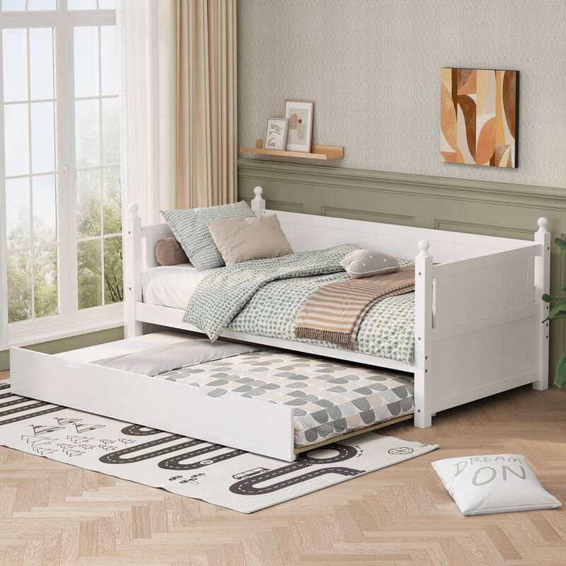 Twin Size Solid Wood Daybed with Trundle for Limited Space Kids, Teens