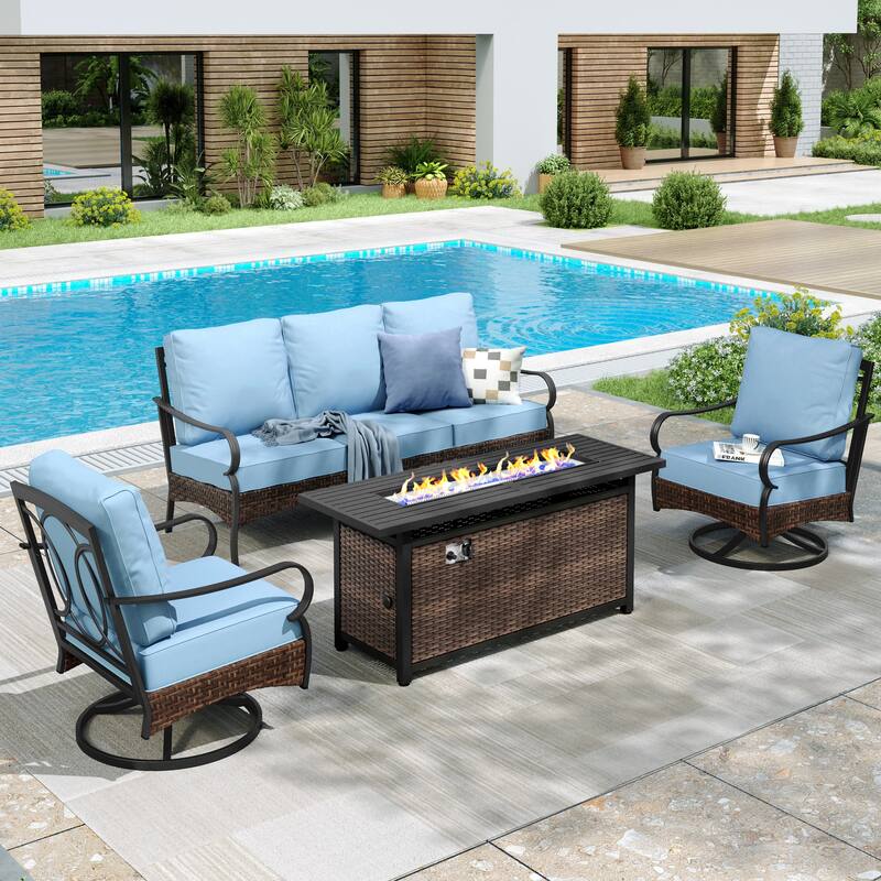MAISON ARTS Patio Furniture Set with 56" Fire Pit Table, Deep Seating Sofa & Swivel, Rocking, and Fixed Chairs (5 Seats, Beige) - Swivel Chair - Blue