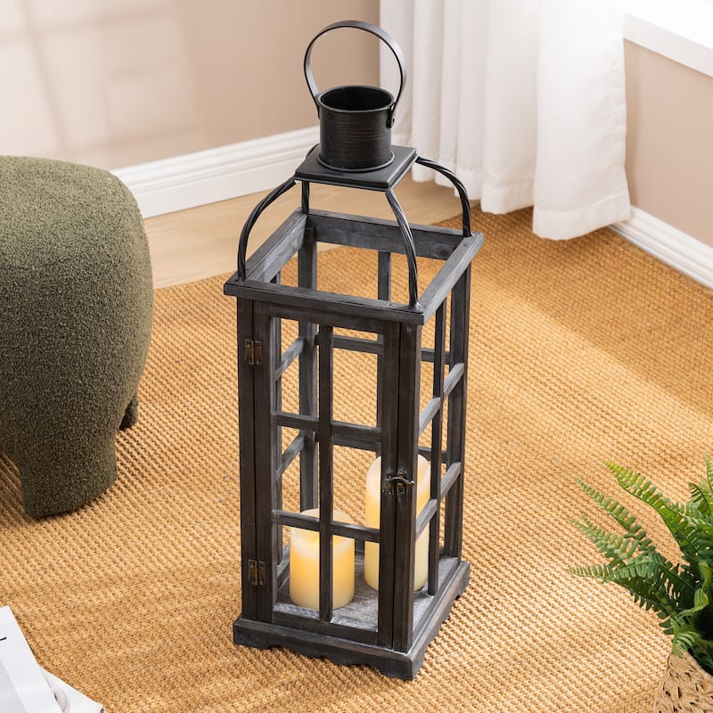Glitzhome Farmhouse Wooden Metal Cage Candle Holders Patio Hanging Vintage Lanterns (Set of 2)