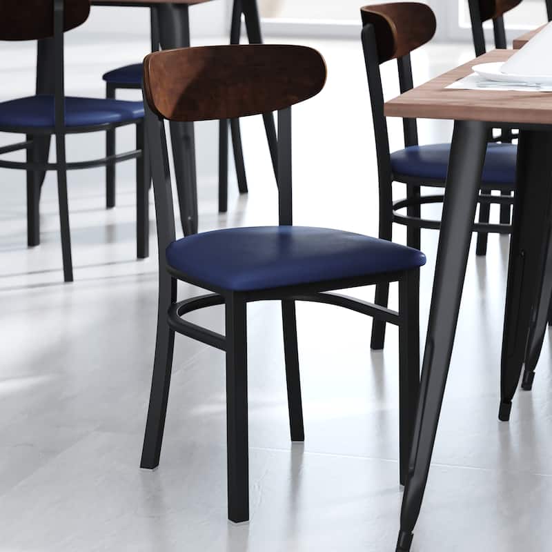 Commercial Metal Dining Chair with Wood Seat and Boomerang Back - Walnut Wood Back/Blue Vinyl Seat