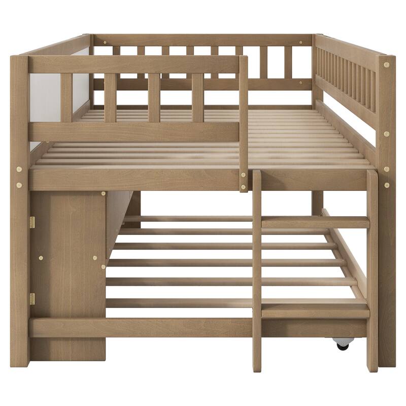 Twin Size Low Loft Bed with Trundle, Solid Wood Bed Frame with Storage Shelves & Blackboard, Space-Saving Design for Small Rooms