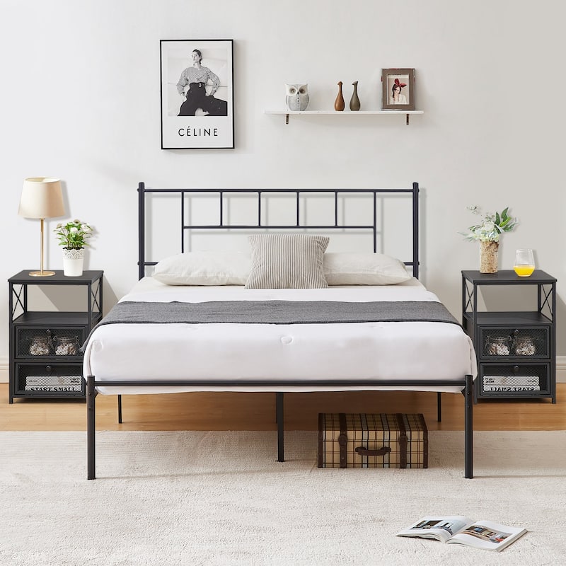 VECELO Victorian Style 14 Inch Metal Platform Bed Frame with Headboard, Heavy Duty Steel Slat Support, No Box Spring Needed