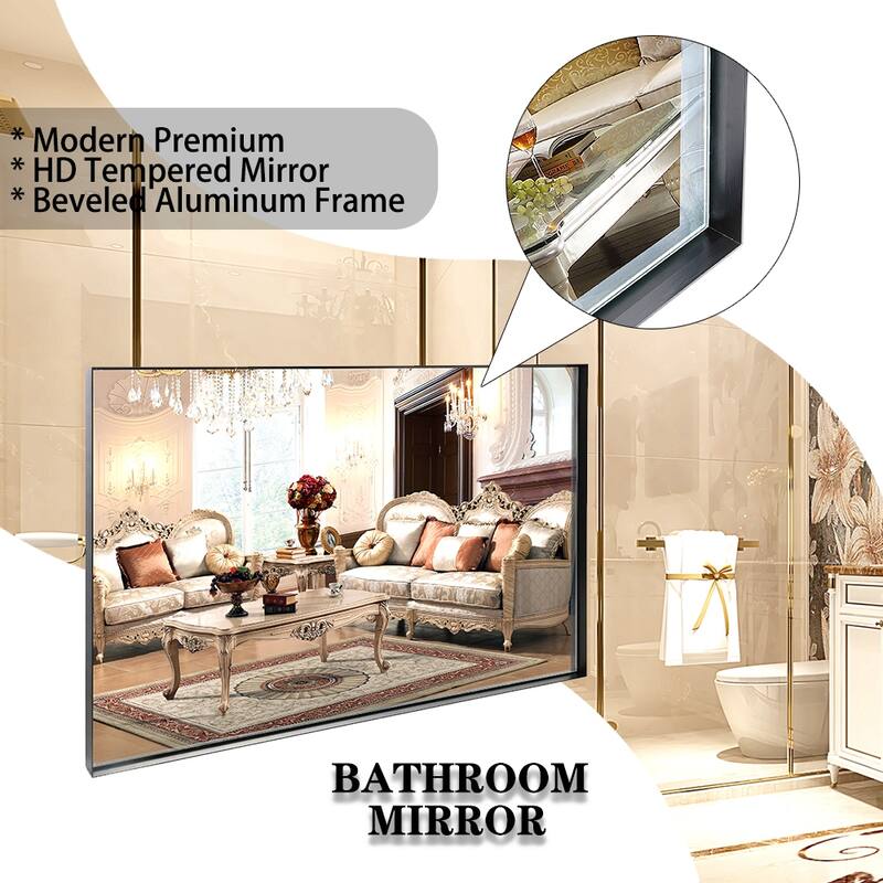 Rectangular 36"x24" Bathroom Mirror, Wall-Mounted with Glossy Brushed Metal Frame and HD Float Glass Reflection