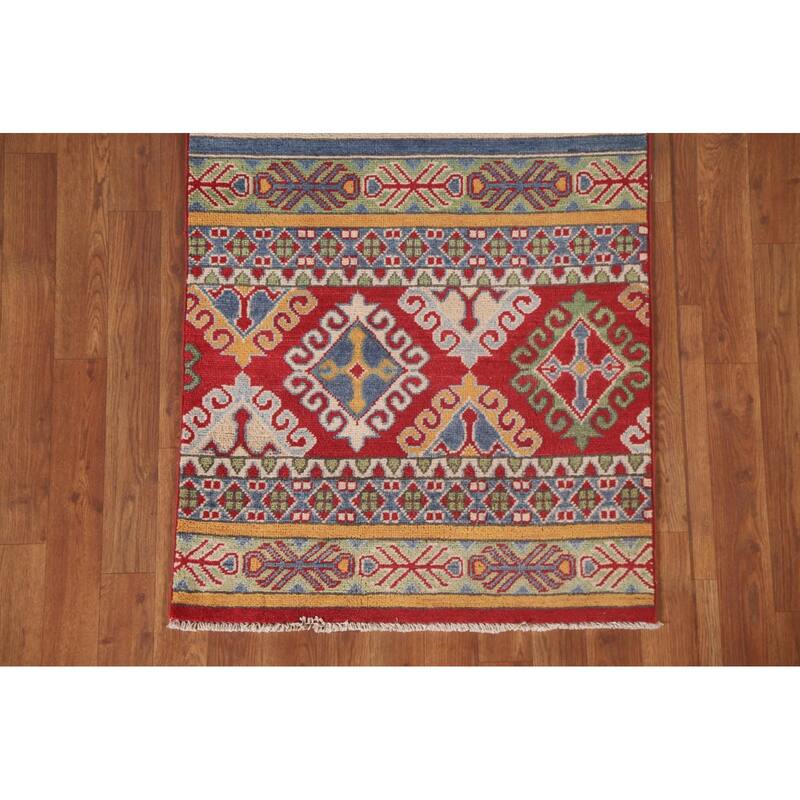Hand Knotted Oriental 100% Wool Carpet Traditional All-Over Multi-Colored Kazak Runner Rug - 16' 0'' X 2' 7''