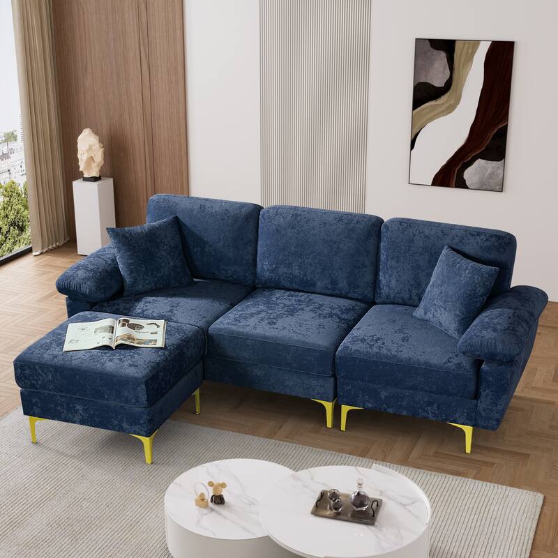 Ouyessir 2-Pieces Upholstered Velvet Sectional Sofa with 2 Pillows & Ottoman