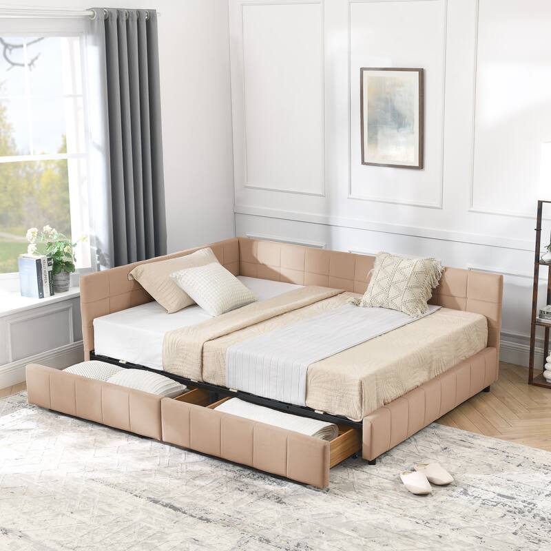 L-shaped Velvet Upholstered Daybed Tufted Sofa Bed with Soft Backrest Armrests - and Optional Corner Storage Day Bed