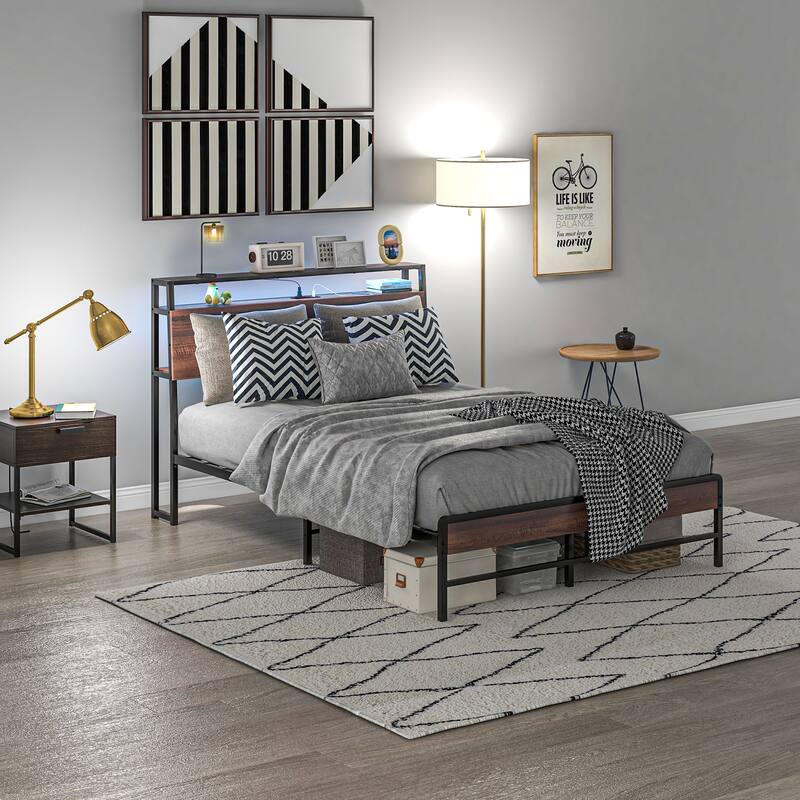 Full Size Platform Bed with RGB Lighting, Charging Shelf And 3-Tier Under-Bed Storage