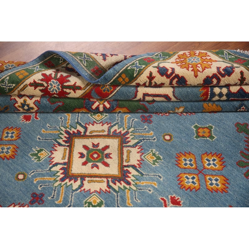 Blue Geometric Kazak Area Rug Hand-Knotted Wool Carpet - 6'10" x 9'7"