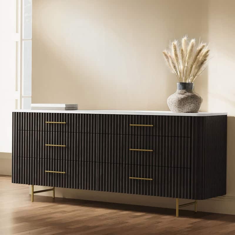 6 Drawers Wooden Dresser with Faux Marble Top in Espresso Finish